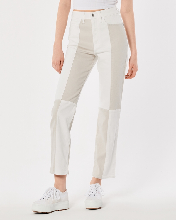 Ultra High-Rise White Patchwork Vintage Ankle Straight Jeans, Cream view 2