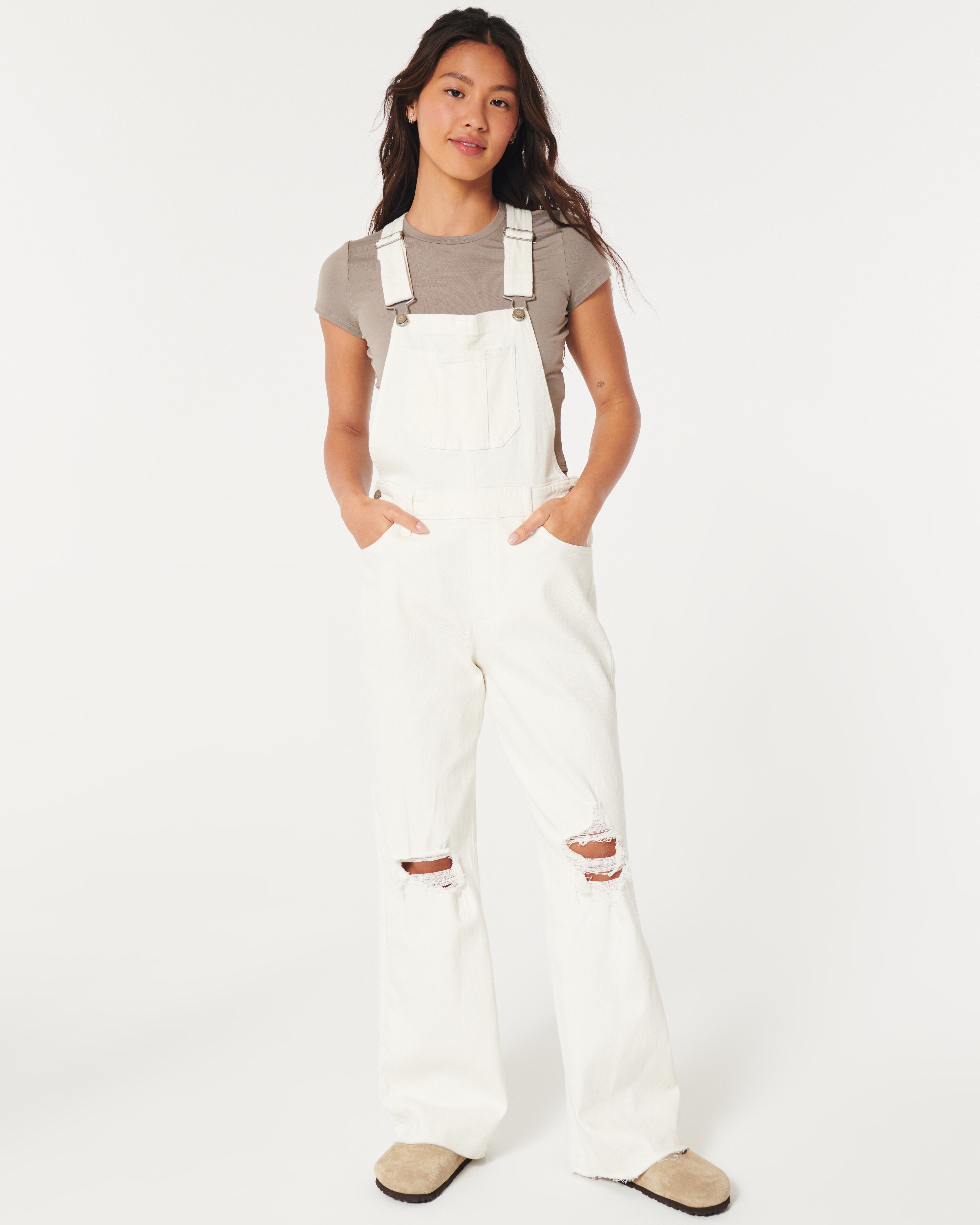 Hollister White Baggy Overalls