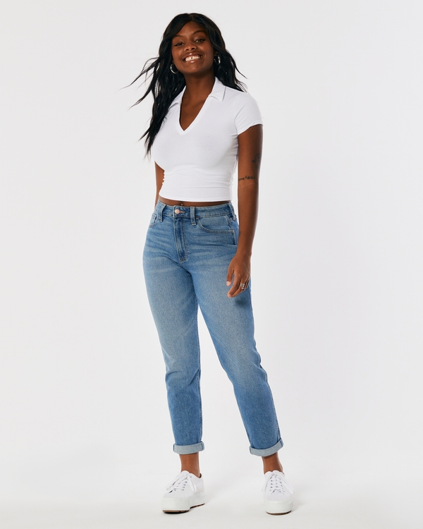 Curvy High-Rise Medium Wash Mom Jeans, Medium Wash view 1