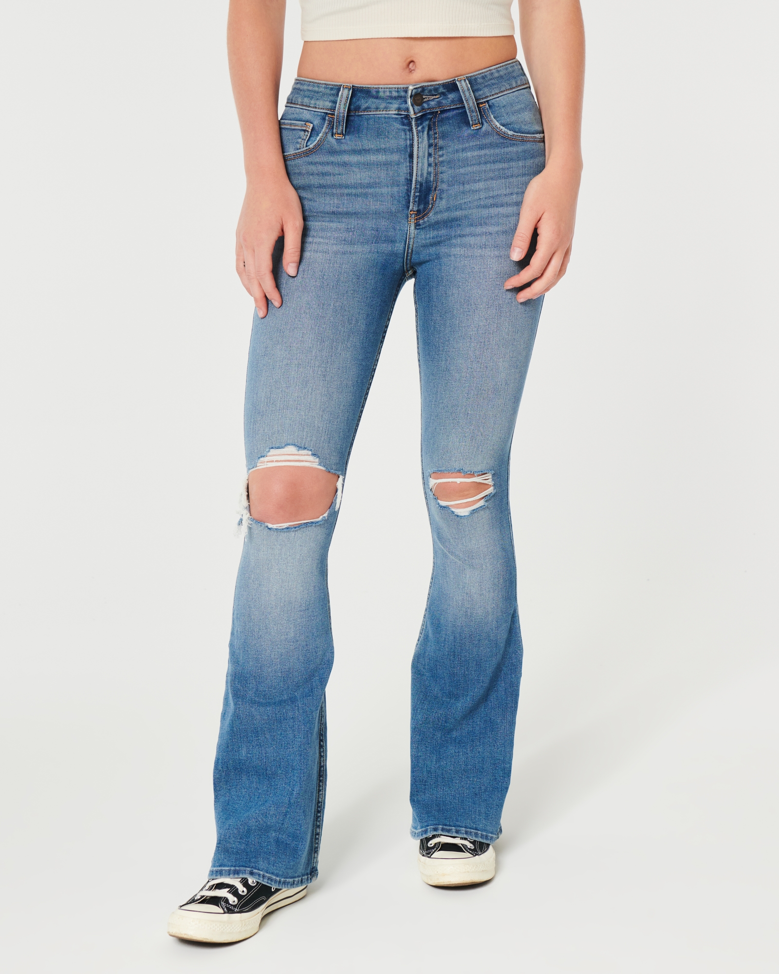 Light Blue Wash Ripped Knee Flare Jeans