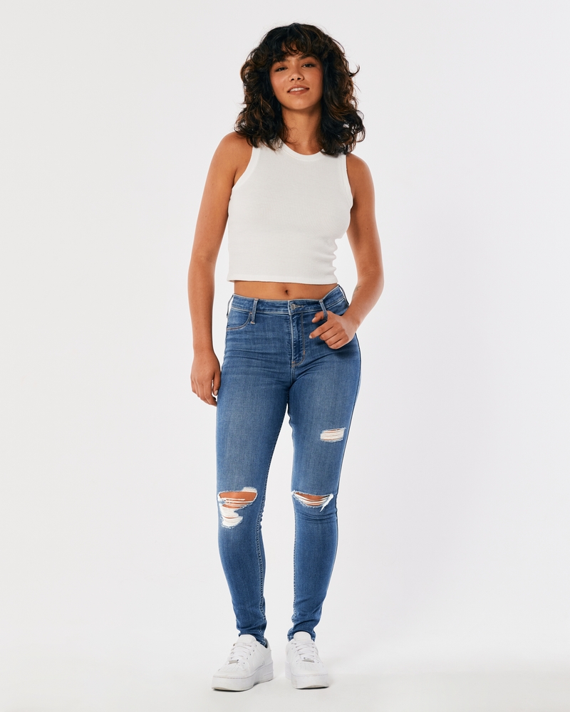 Hollister Curvy Ultra High-Rise Ripped Medium Wash Patched Jean Leggings