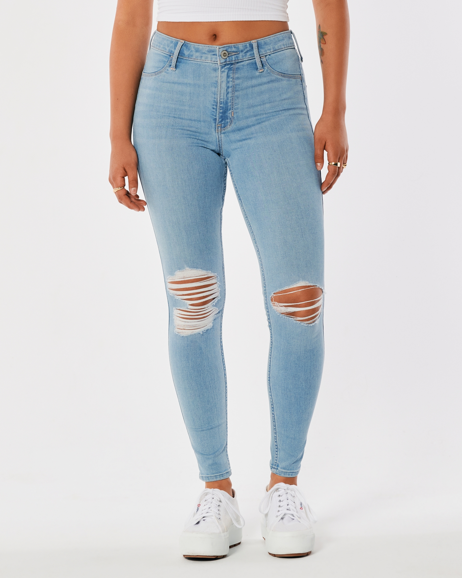 Women's High-Rise Ripped Medium Wash Jean Leggings, Women's Bottoms