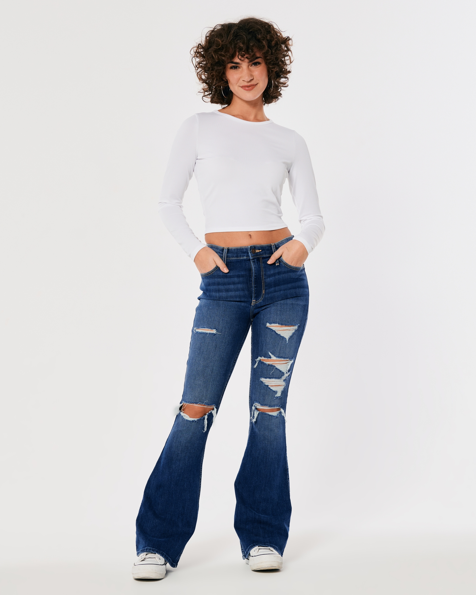 Women's High-Rise Ripped Medium Wash Vintage Flare Jeans, Women's Sale