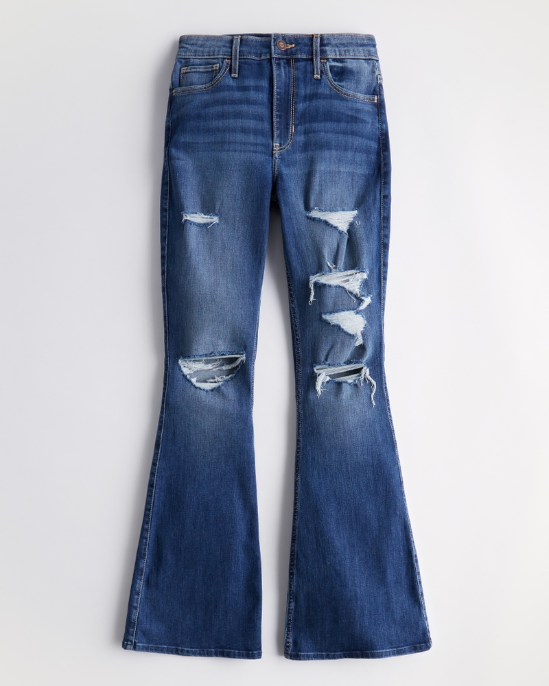 Women s High Rise Ripped Dark Wash Flare Jeans Women s Sale HollisterCo