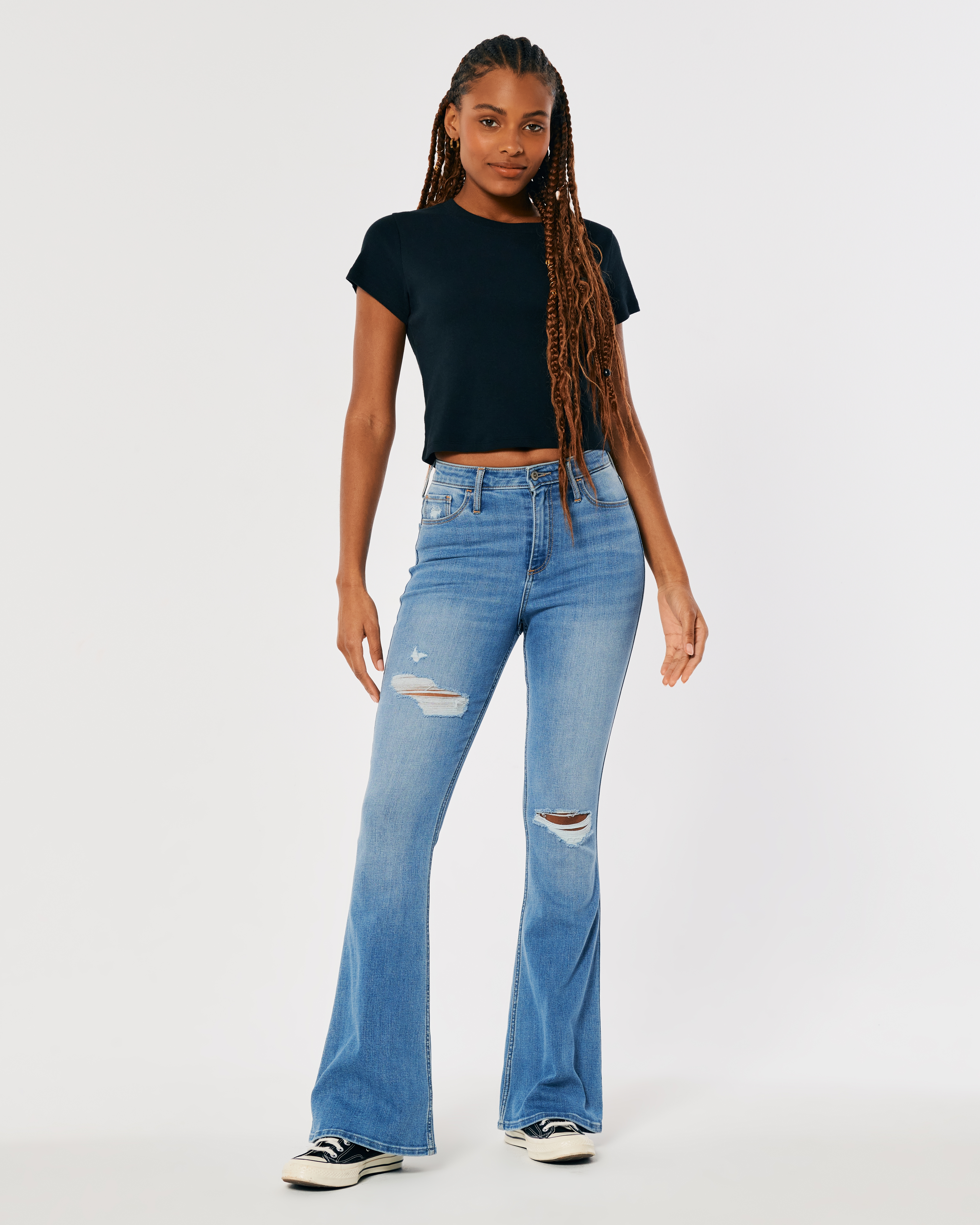 Curvy High-Rise Distressed Medium Wash Flare Jeans