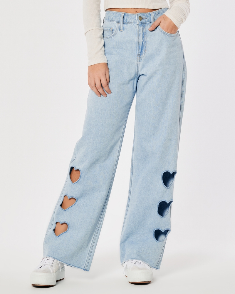 High-Rise Light Wash Cutout Baggy Jeans