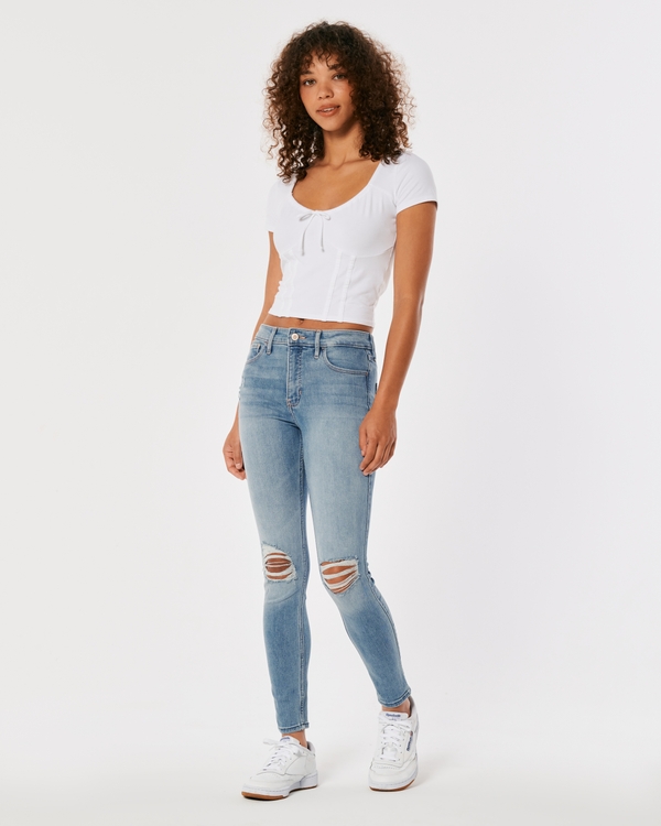 High-Rise Ripped Light Wash Super Skinny Jeans, Light Destroy