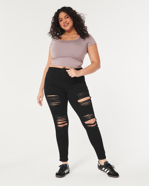 Curvy High-Rise Ripped Black Super Skinny Jeans, Black Destroy