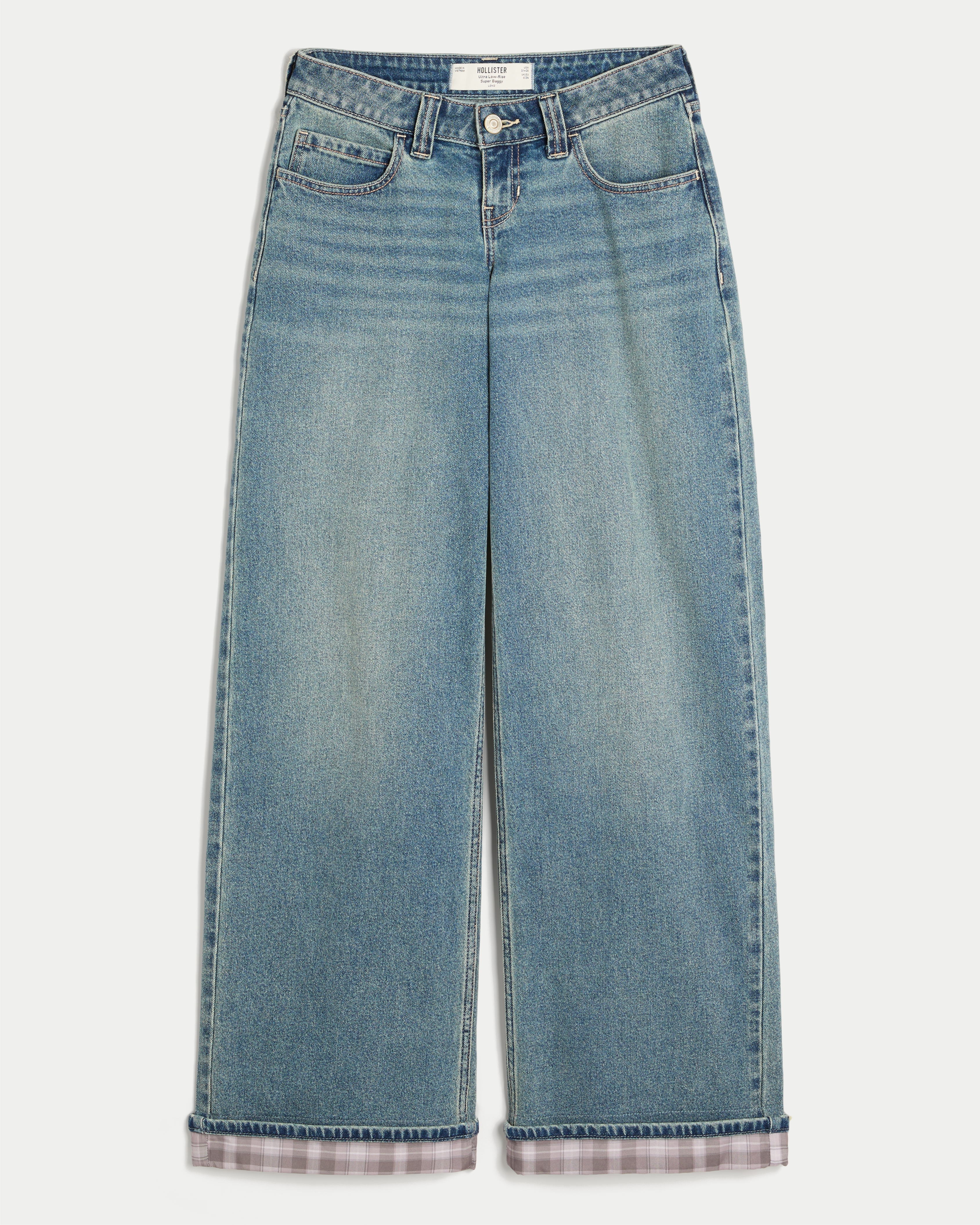 Ultra Low-Rise Plaid Cuff Super Baggy Jeans