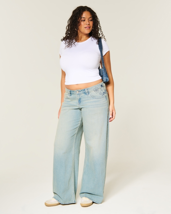 Ultra Low-Rise Floral Embroidery Super Baggy Jeans, Light view 1