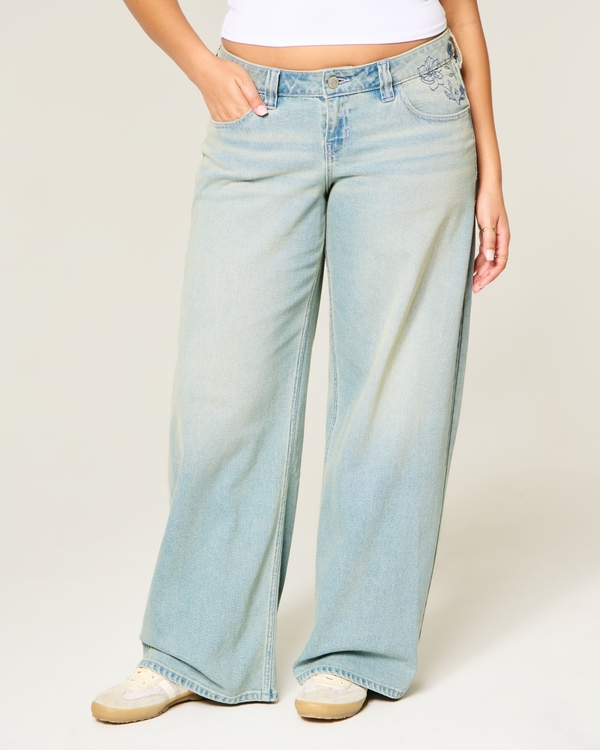 Ultra Low-Rise Floral Embroidery Super Baggy Jeans, Light view 2