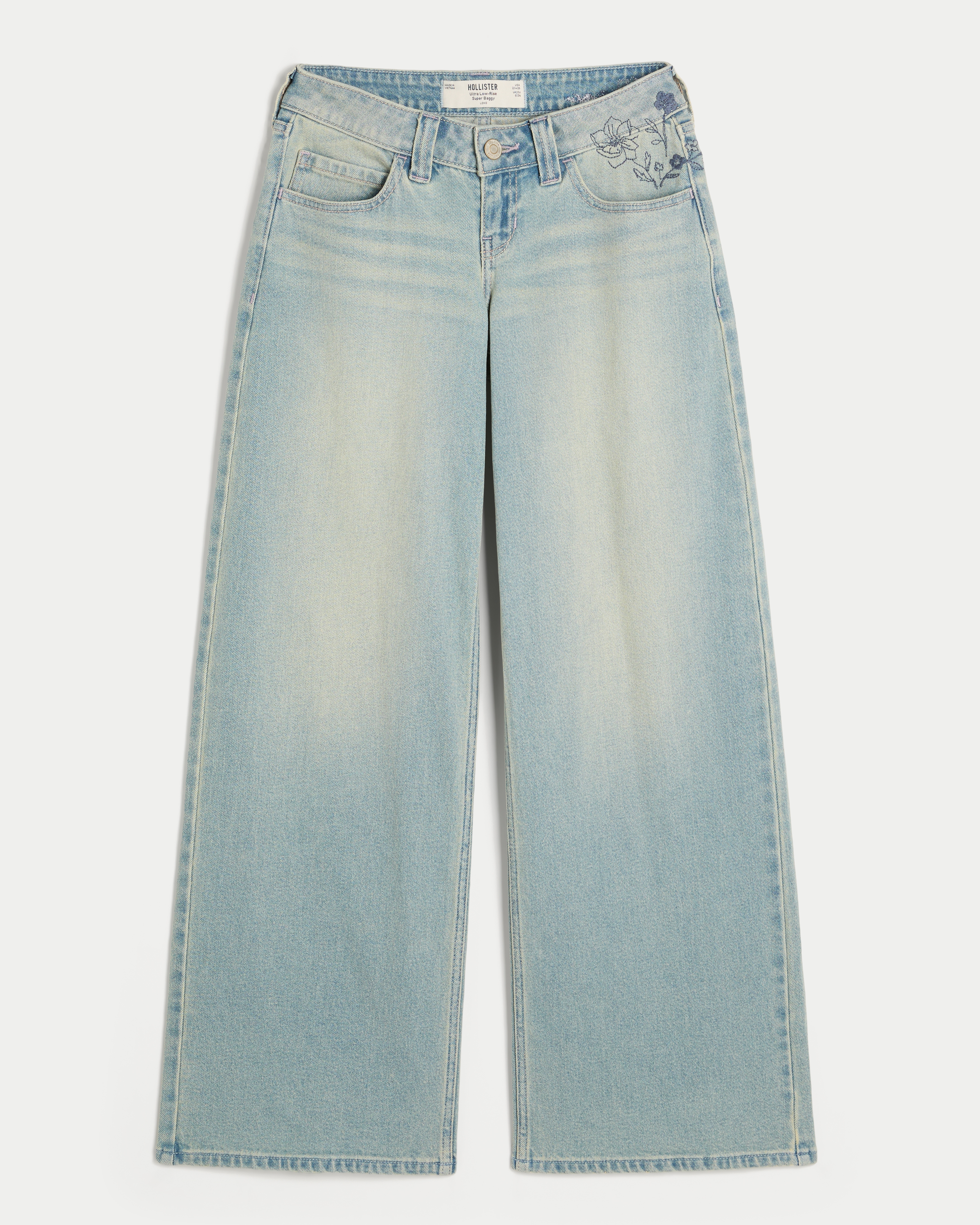 Ultra Low-Rise Floral Embroidery Super Baggy Jeans
