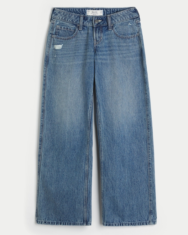 Ultra Low-Rise Distressed Baggy Jeans, Medium Wash view 1
