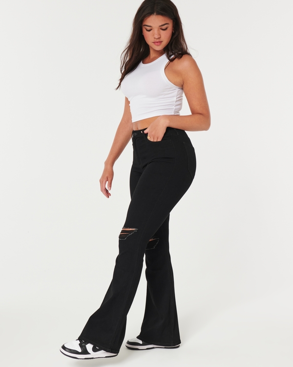 Curvy High-Rise Ripped Black Flare Jeans, Black Ripped