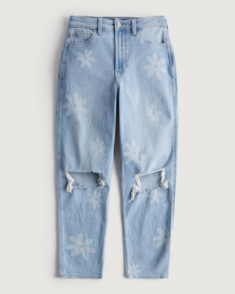 HOLLISTER Women's 00 R Embroidered Roses Ultra Hi-Rise Blue MOM Jeans  (Custom)