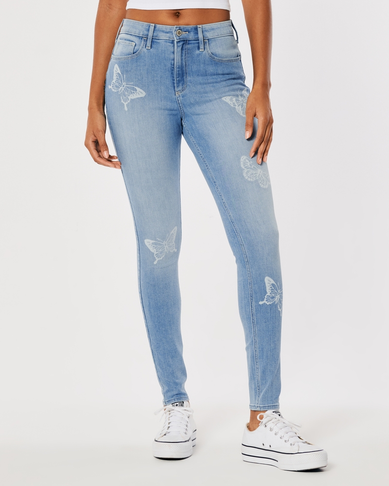 Curvy High-Rise Medium Wash Butterfly Print Super Skinny Jeans