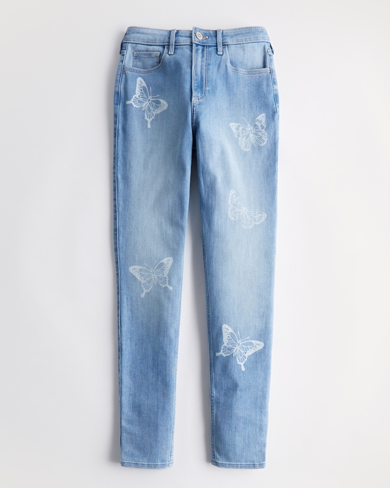 Curvy High-Rise Medium Wash Butterfly Print Super Skinny Jeans