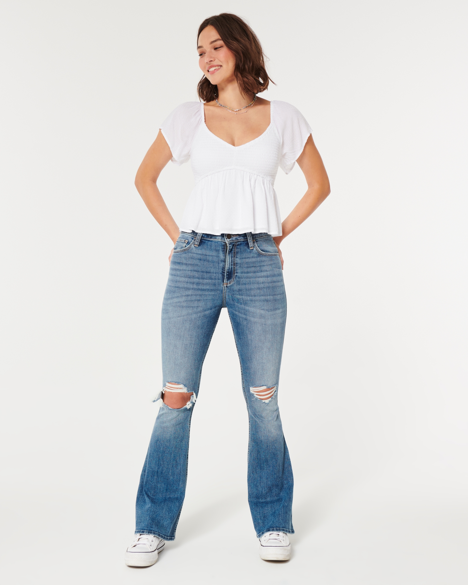 Women's Curvy High-Rise Ripped Medium Wash Flare Jeans, Women's Bottoms