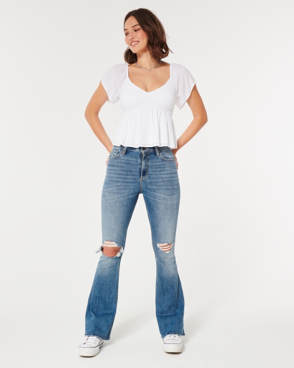 Women's Destroyed Flare Jeans Fashion High Waisted Denim Pants