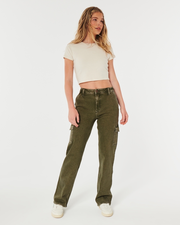 Women's Ultra High-Rise Olive Green Cargo Dad Jeans, Women's Clearance