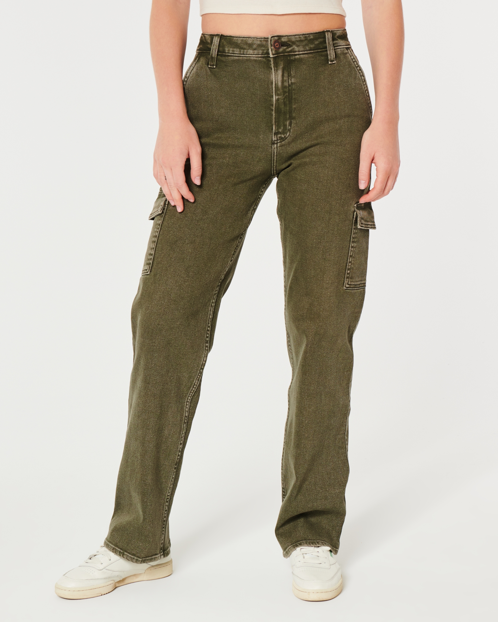 Women's Ultra High-Rise Olive Green Cargo Dad Jeans in Olive Green Size 2-L/3-L/26W from Hollister