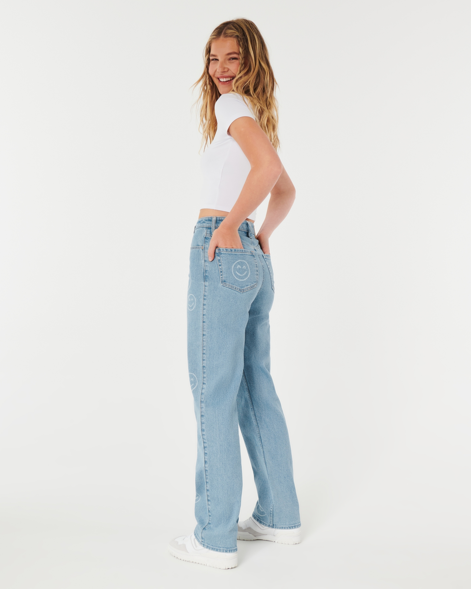 Women's Ultra High-Rise Medium Wash Smiley Print Dad Jeans