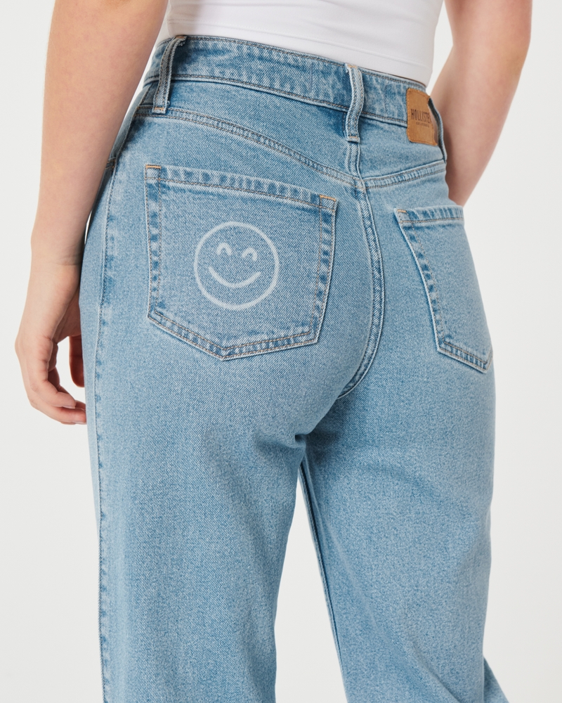 Hollister Ultra High Rise Mom Jean 30W 27L Smiley Face Distressed Straight  11R