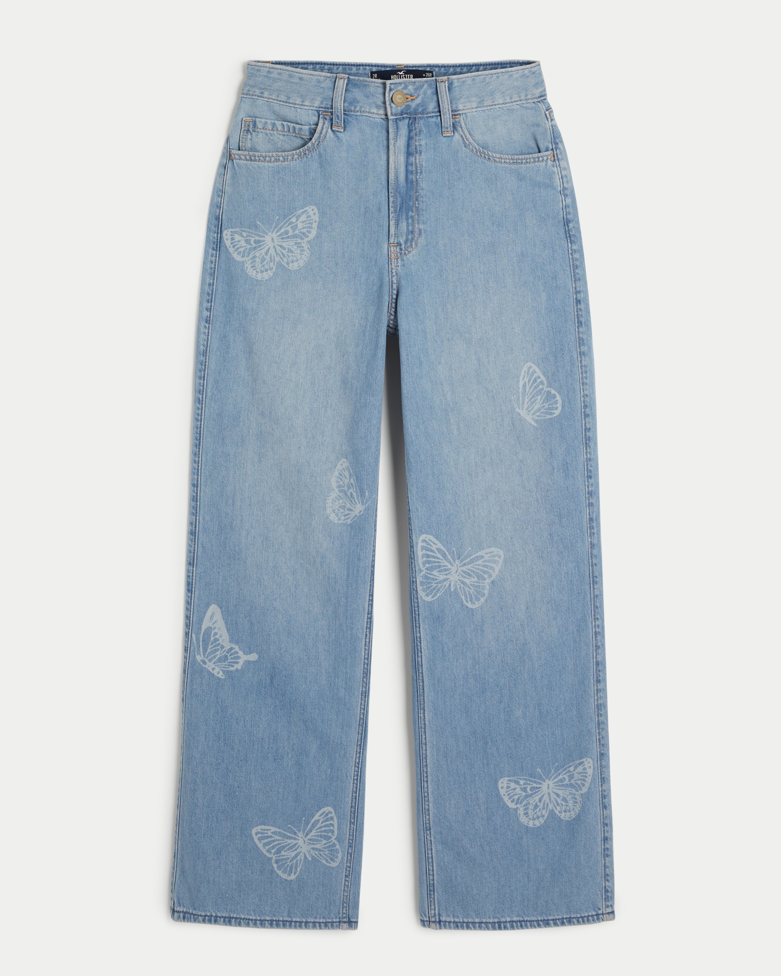 Women's Ultra High-Rise Lightweight Medium Wash Butterfly Print Baggy Jeans, Women's Clearance
