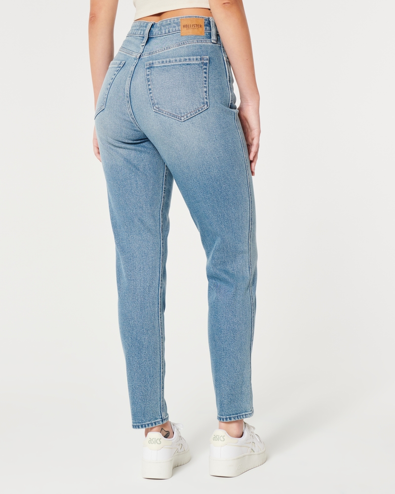 Hollister mom jeans with rips in darkwash blue