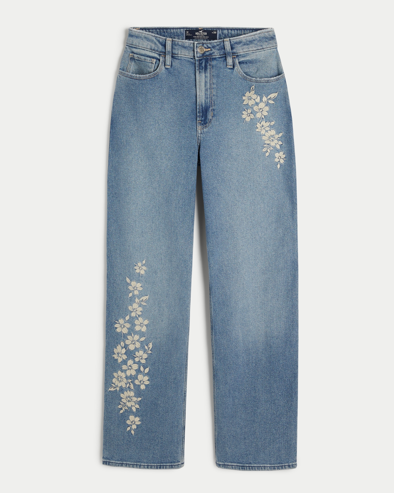 Ultra High-Rise Medium Wash Floral Embroidered Dad Jeans