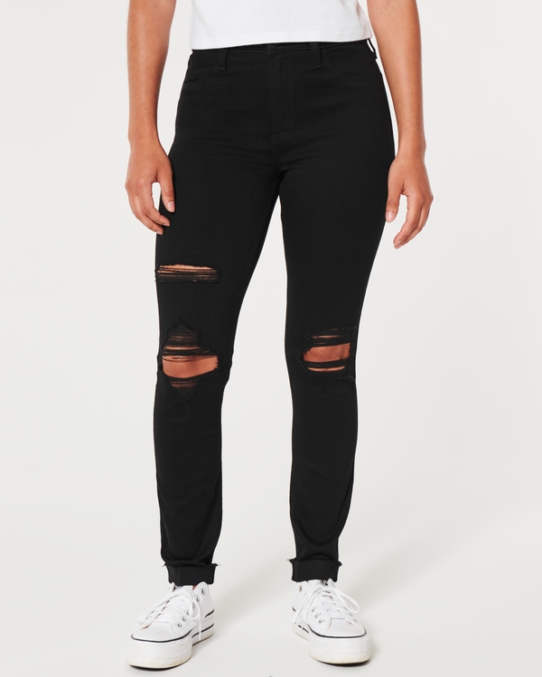 High-Rise Ripped Black Jean Leggings, Black Ripped view 2