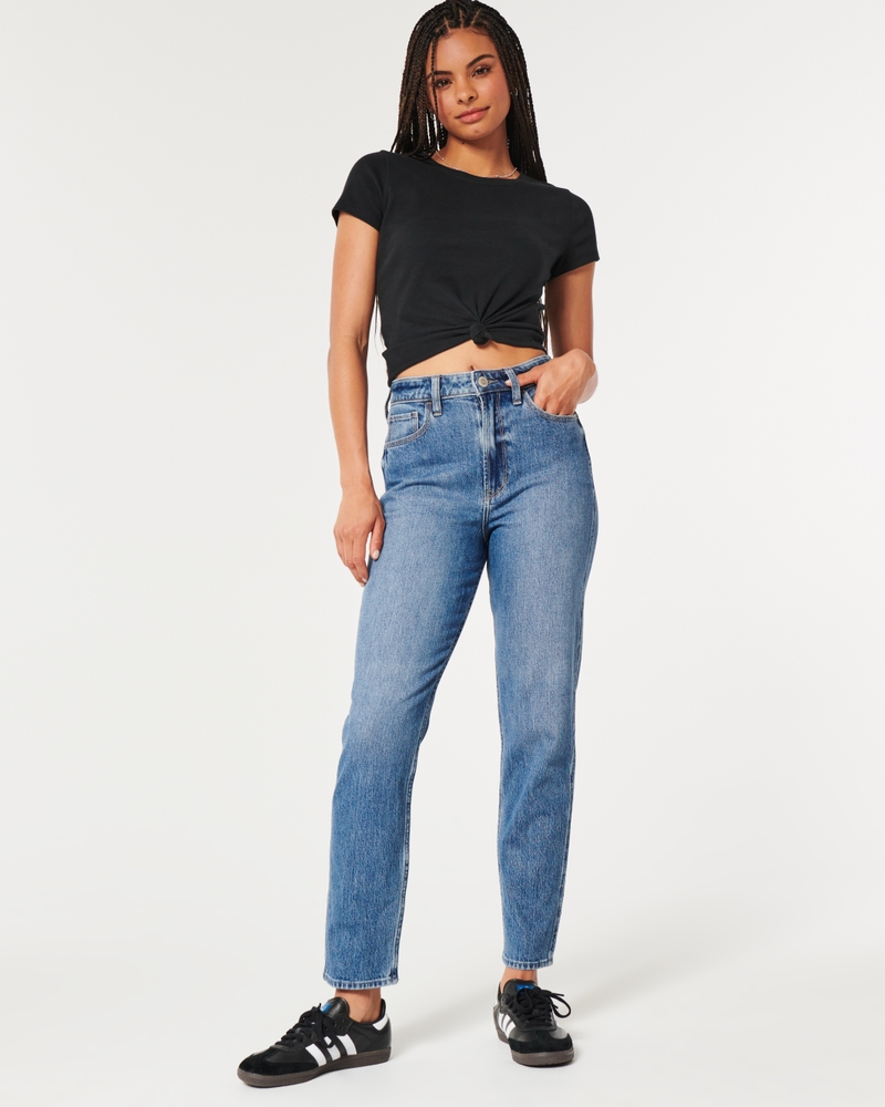 Hollister Ultra High-Rise Ripped Light Wash Mom Jeans Sz 26