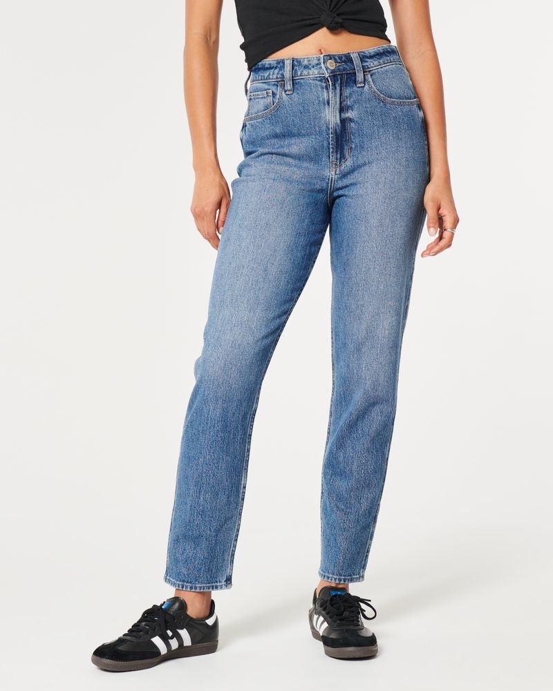 Hollister Curvy Fit Mom Jeans With Ripped Knees in Blue