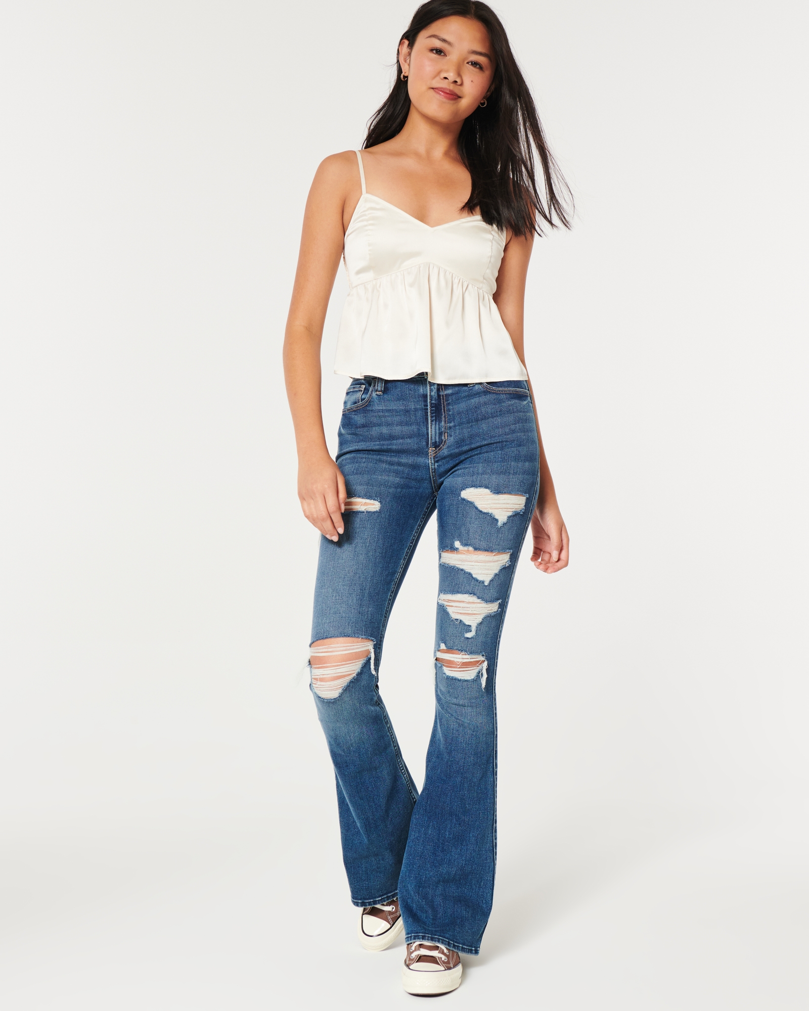 Women's High-Rise Ripped Dark Wash Flare Jeans, Women's Bottoms