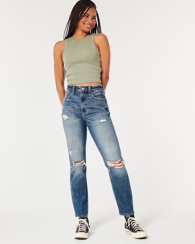 Women's Ultra High-Rise Ripped Medium Wash Mom Jeans Women's