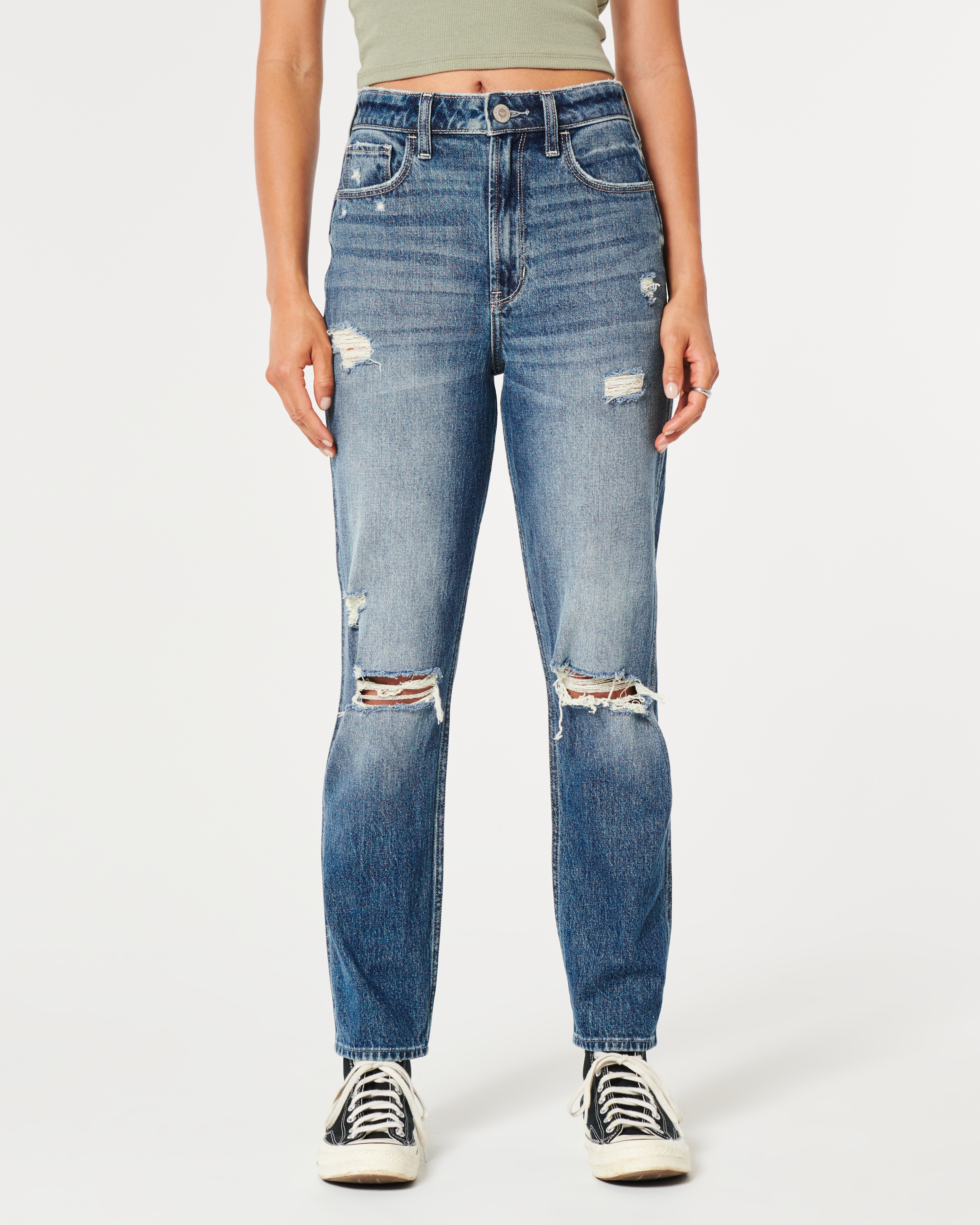 Ultra High-Rise Ripped Medium Wash Mom Jeans