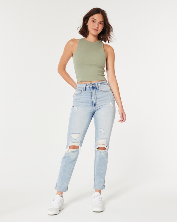 Curvy Ultra High-Rise Ripped Light Wash Mom Jeans, Light Ripped Wash