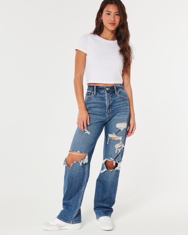 Ultra High-Rise Ripped Medium Wash Dad Jeans, Medium Ripped Wash