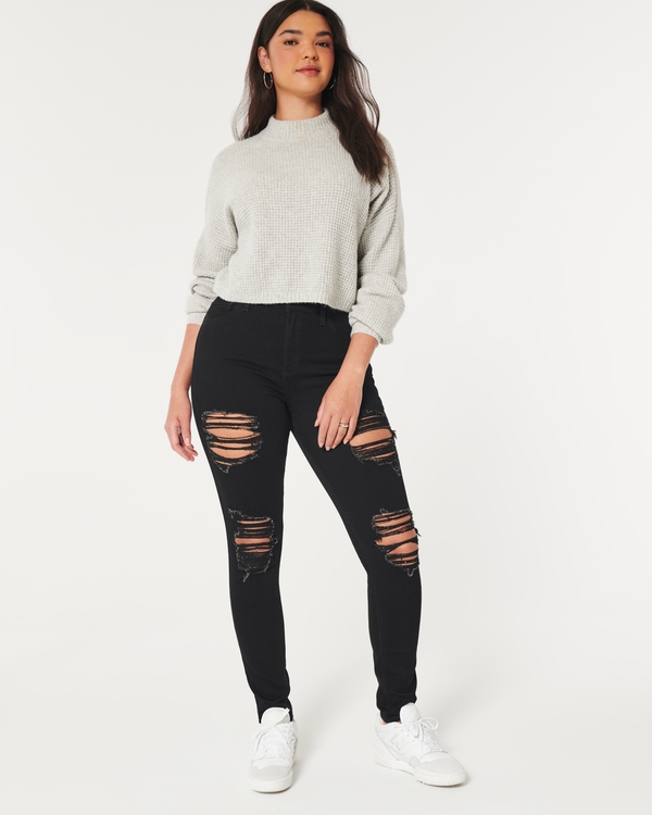 Curvy High-Rise Ripped Black Super Skinny Jeans, Black Ripped