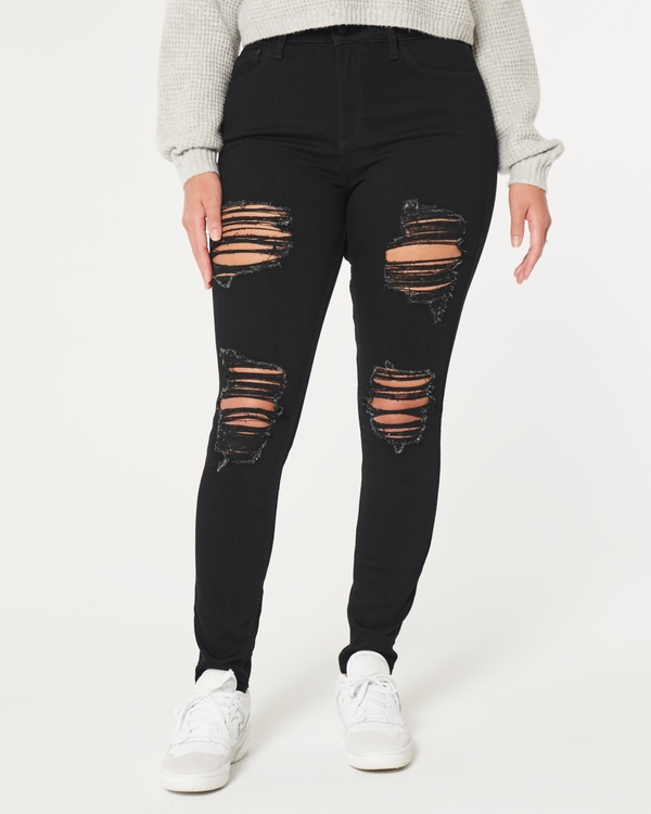 Curvy High-Rise Ripped Black Super Skinny Jeans, Black Ripped view 2