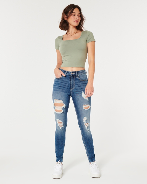 Curvy High-Rise Ripped Medium Wash Super Skinny Jeans, Medium Ripped Wash