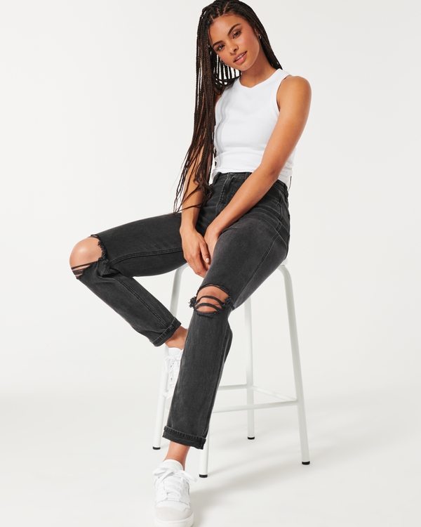 Ultra High-Rise Ripped Washed Black Mom Jeans, Black Ripped Wash