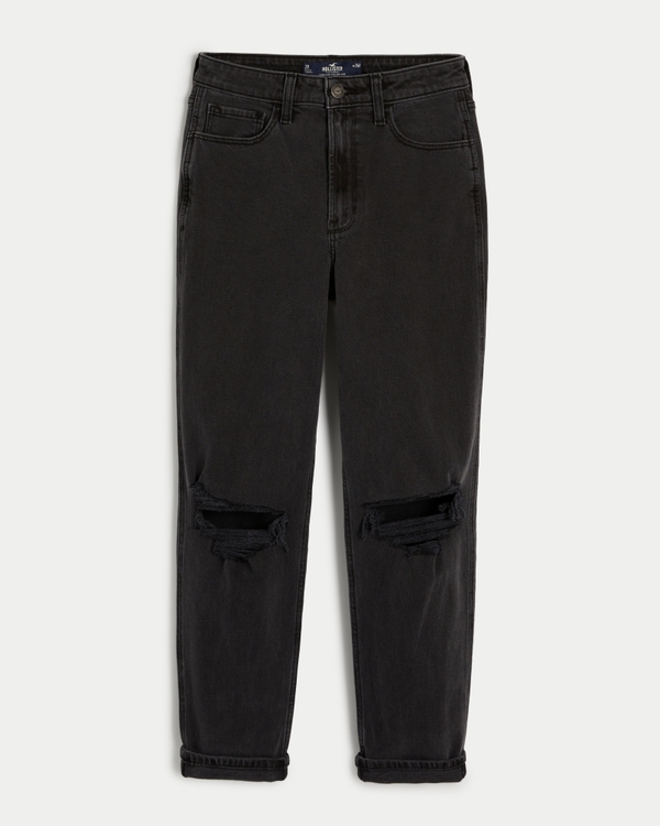 Women's Ultra High-Rise Ripped Washed Black Mom Jeans | Women's Bottoms | HollisterCo.com