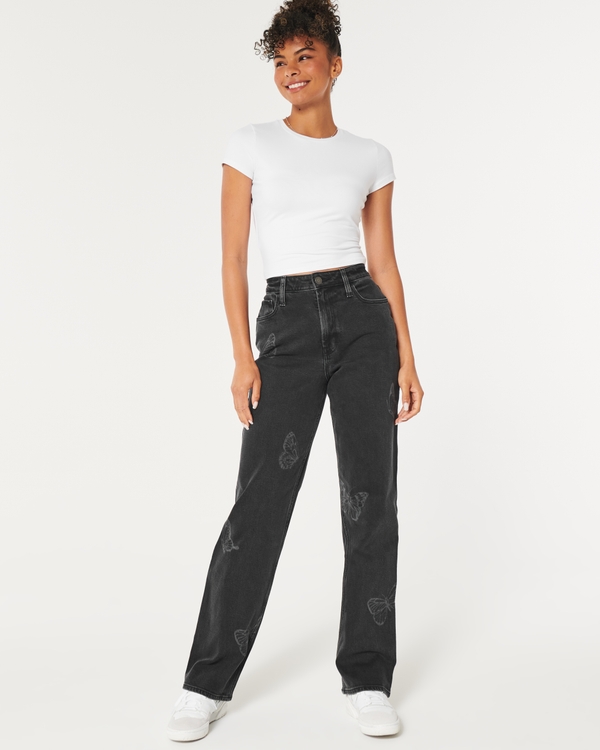Ultra High-Rise Washed Black Butterfly Print Dad Jeans, Black Washed