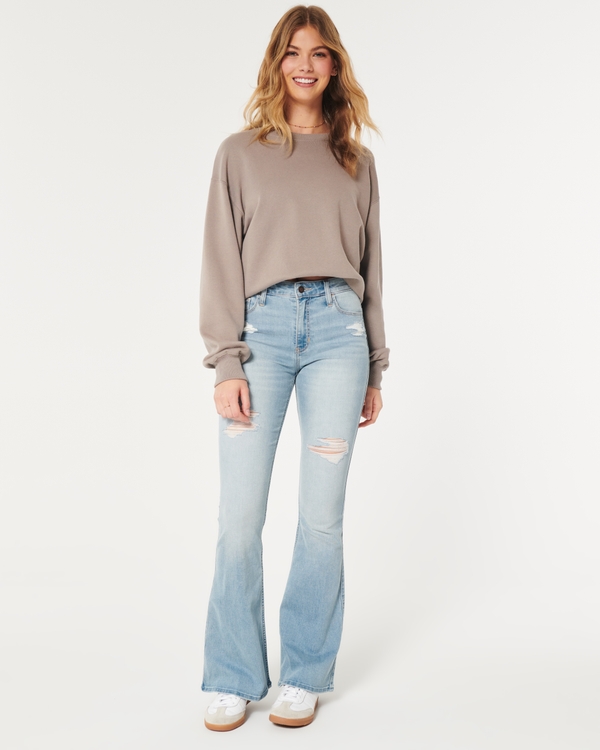 High-Rise Ripped Light Wash Flare Jeans, Light Ripped Wash