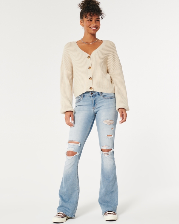 Low-Rise Ripped Light Wash Flare Jeans, Light Ripped Wash