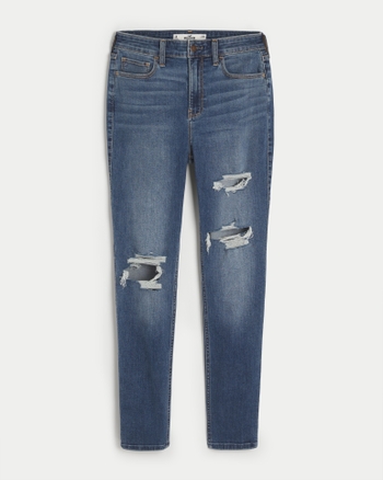 Women s Curvy High Rise Ripped Dark Wash Super Skinny Jeans in Medium Ripped Wash Size 00 R 0 R 24W from Hollister
