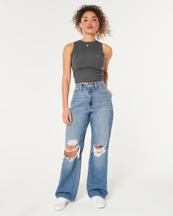 Buy Women Ripped Jeans Low Rise Cutout Baggy Straight Wide Leg Jeans  Fashion Denim Streetwear Pants, Black Solid, Large at