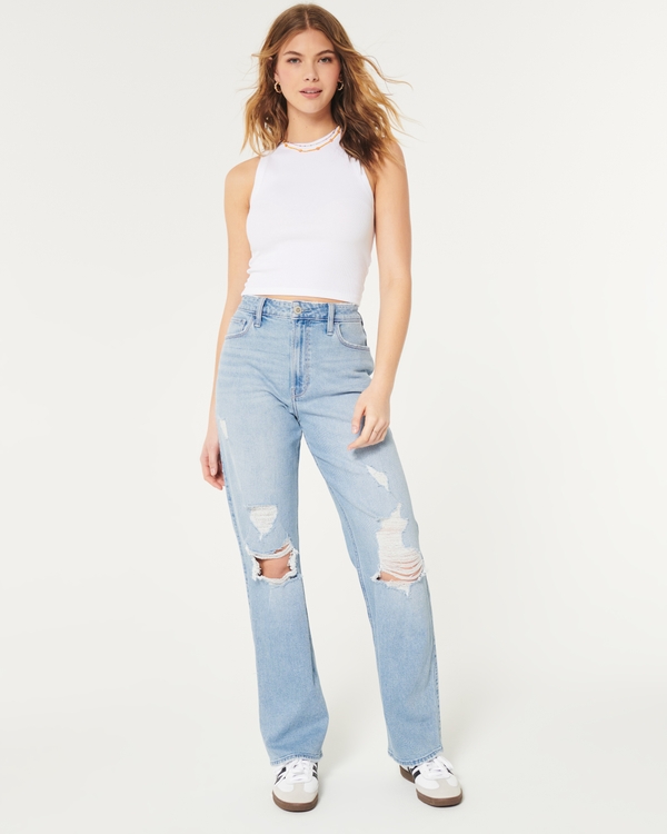 Ultra High-Rise Ripped Light Wash Dad Jeans, Light Ripped Wash
