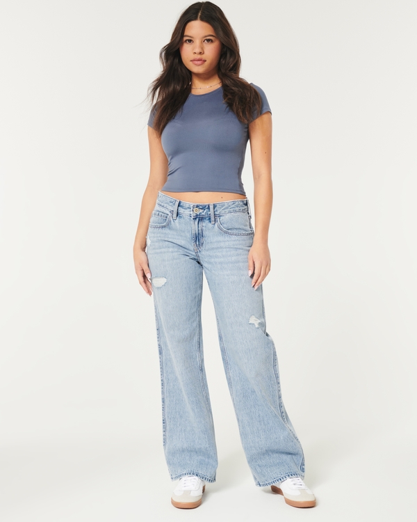 Low-Rise Ripped Medium Wash Baggy Jeans, Light Medium Ripped Wash